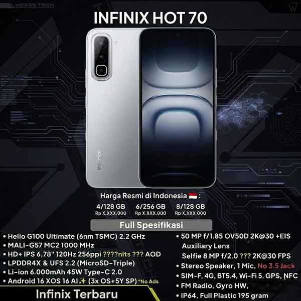 Spesifikasi Ponsel Infinix Hot 70