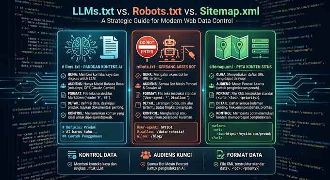 perbandingan llms-txt, robots.txt dan sitemap xml